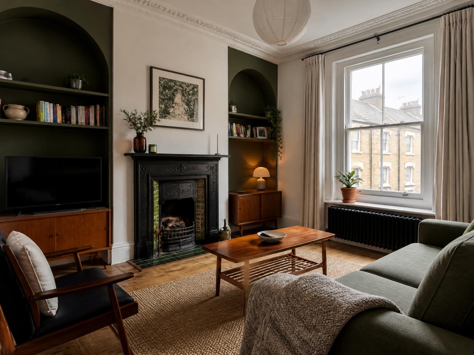Living room of a period terraced house with an original cast iron fireplace, dark green alcoves and mid-century furniture